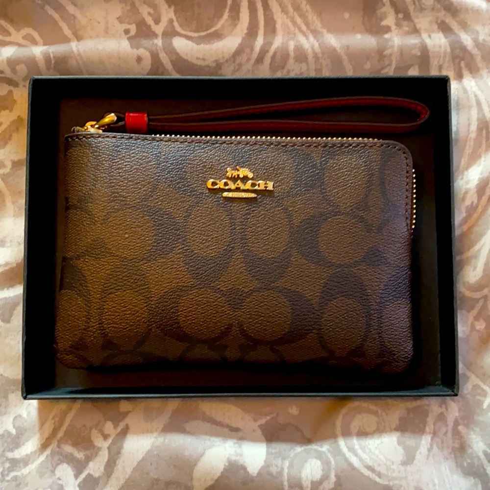 Coach Wristlet Wallet - Brown with Red Strap